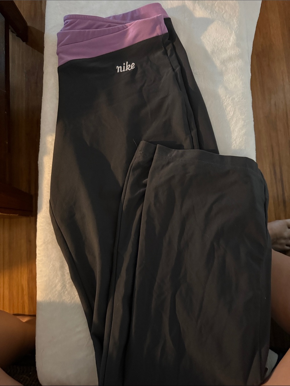 Nike Girls Black Leggings with Purple Fold-Over Waistband